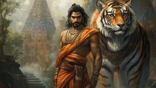 Tiger-bonded guardian strides from misted temple jungle