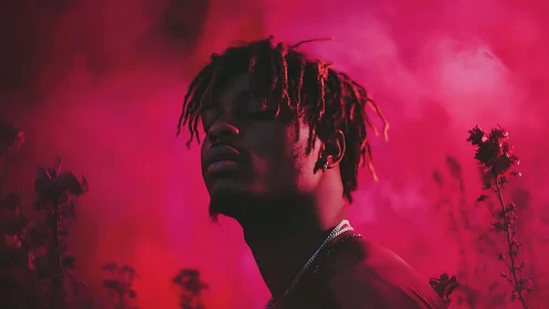 Dreamy neon portrait bathed in lush pink twilight glow.