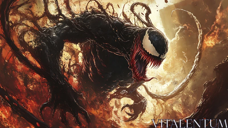 Snarling symbiote erupting from molten chaos storm.