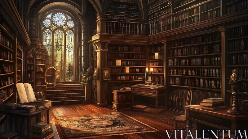 Golden light pours into a quiet, book-lined fantasy library