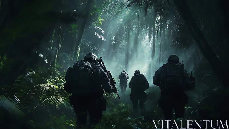 Shadow squad advances through emerald jungle misted silence.