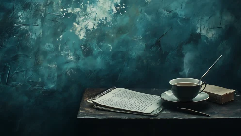 Moody teal still life with steaming tea and writer’s desk setup.