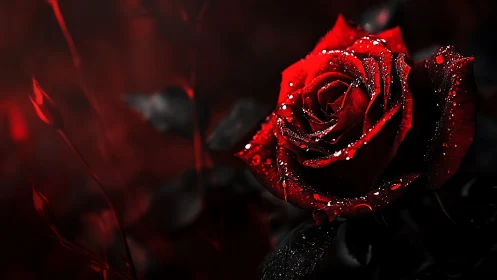 Macro red rose with dewdrops in dramatic low-key lighting.