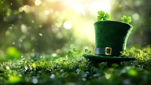Sunlit leprechaun hat crowned with lucky clover magic.
