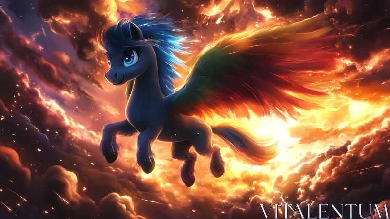 Winged cartoon pony flying through glowing sunset sky.