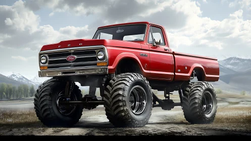 Mountain-stomping red monster truck roars across wide valley.