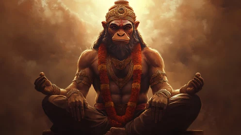 Majestic monkey deity sits in radiant, meditative calm