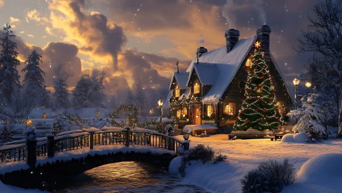 Snowy cottage and bridge in illuminated winter sunset scene.