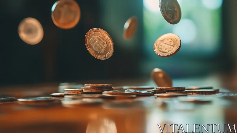 Photorealistic falling coins in shallow depth-of-field tableau.