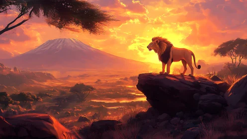 Lion surveys sunlit savanna plateau in cinematic sunset light