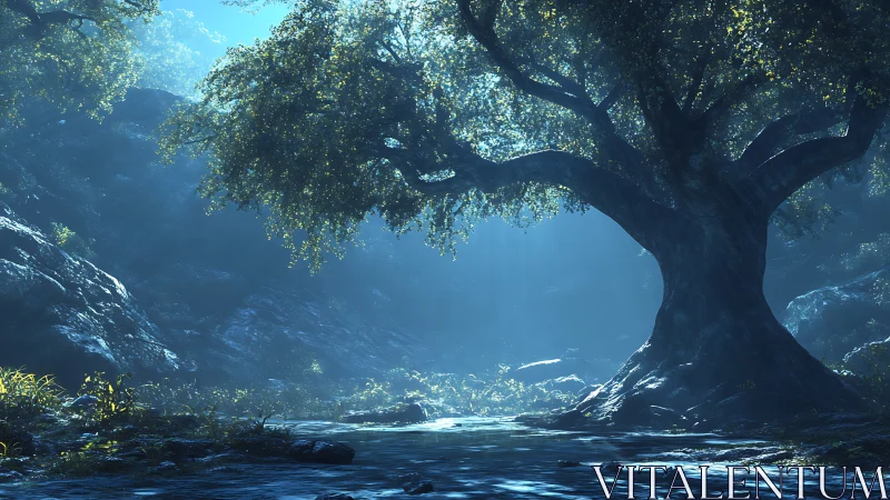 Moonlit forest giant watching over a quiet blue stream.