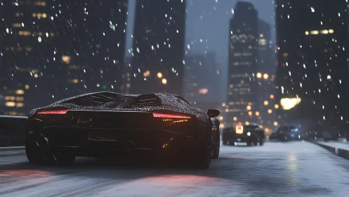 Black sports car drives through snowy night city traffic