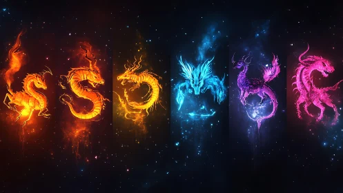 Elemental dragon spirits glow across deep cosmic void