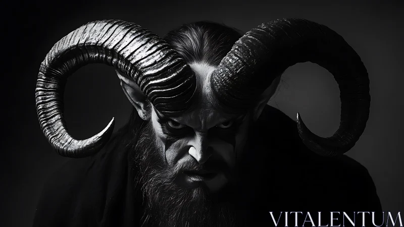 Horned demon portrait in stark black and white studio.