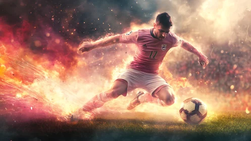 Male soccer player in mid-stride surrounded by digital flames.