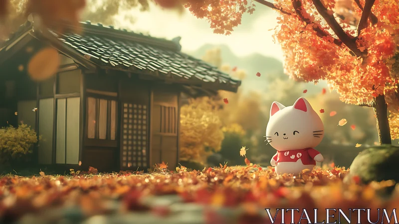 Chibi lucky cat figurine in autumnal Japanese garden setting