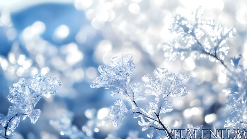 Frosted branches in macro focus with luminous winter bokeh.