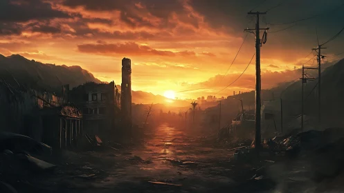 Sunset burns over ruined post apocalyptic city street