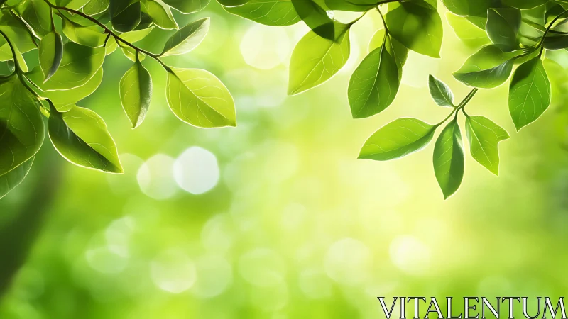 Green leaves canopy over soft bokeh forest background.