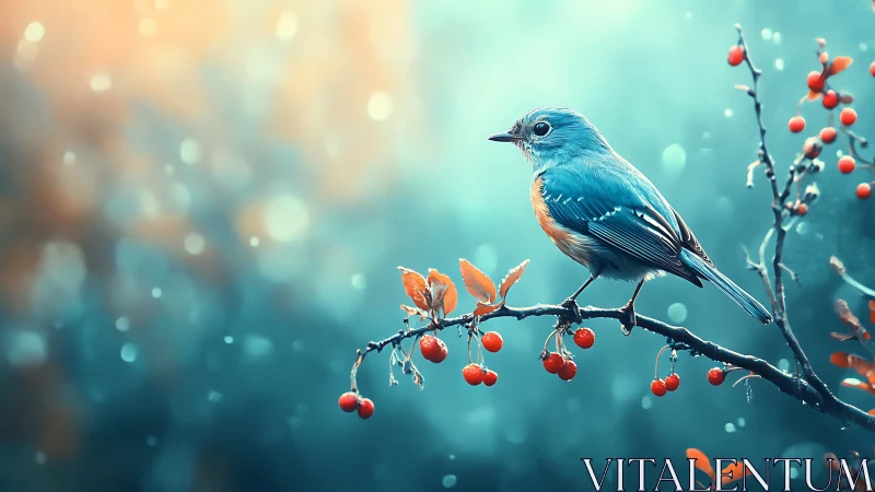 Vibrant bluebird on berry branch, dreamy bokeh background, digital art.