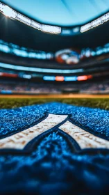 Low-angle turf view with bold blue stadium baseline mark.