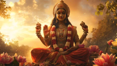 Golden sunset blessing over serene river goddess scene