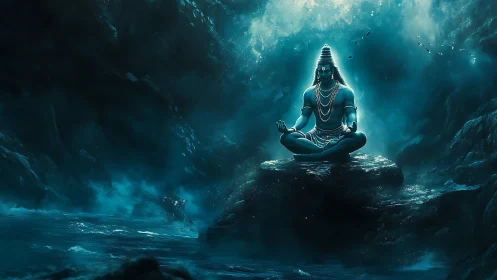 Luminescent meditative deity rendered in high-contrast aquatic haze