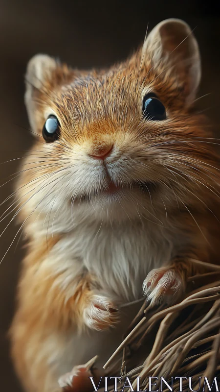 Tiny whiskered daydreamer gazes out from a straw hideaway.