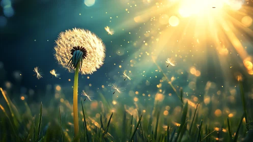 Dandelion seeds glow under golden sunset backlight.