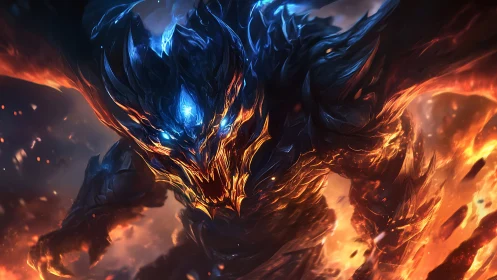 Molten obsidian fire demon with bioluminescent core lighting