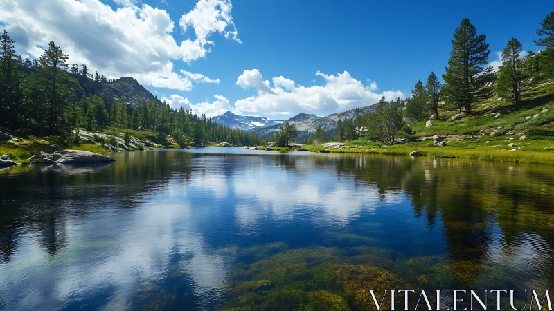 Alpine lake with conifers, granite slopes and cloud reflections.