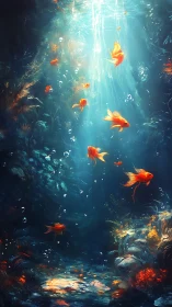 Golden koi drift through a sunlit, dreamlike undersea realm.