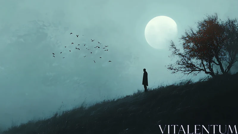 Solitary figure contemplates a vast moonlit hillside night