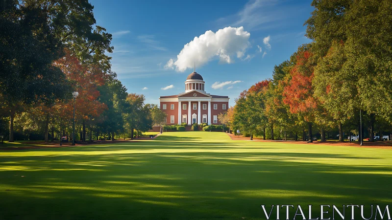 Symmetrical lawn view leads toward domed brick academic hall