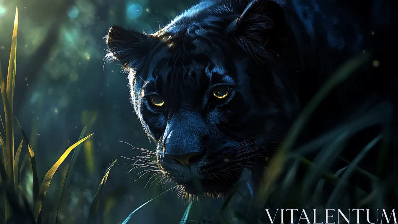 Black panther rendered with luminous golden eyes and atmospheric lighting effects.
