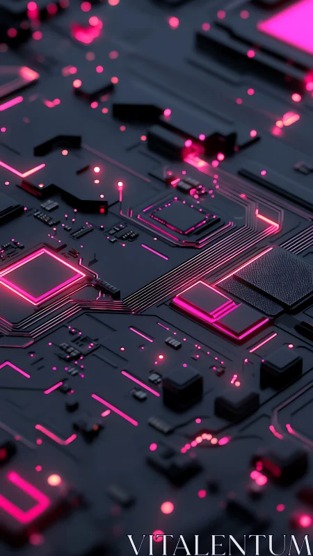 Neon illuminated circuit board with central processor detail.