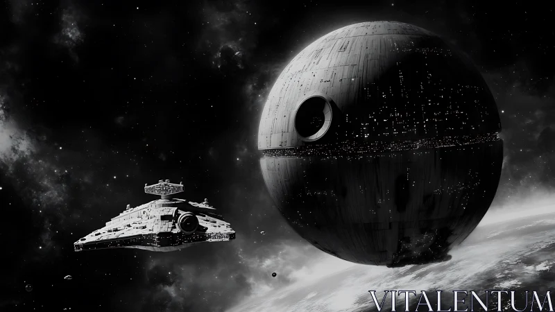 Imperial capital ship and spherical battle station in orbit