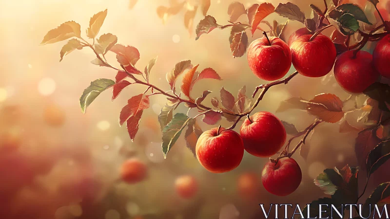 Ripe red apples glow warmly on sunlit autumn branches