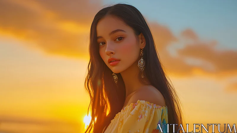 Portrait of young woman at warm coastal sunset glow.