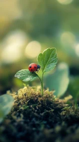 Ladybird poised on dewy leaf in dreamy forest light.