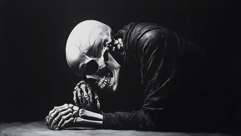 Contemplative skeleton rests in darkness, cloaked in shadow.