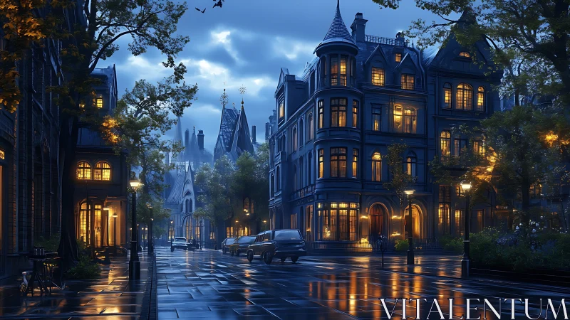Nocturnal boulevard captures neo-gothic architecture in rain