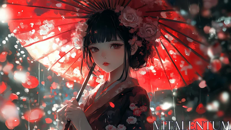 Girl under red umbrella stands in glowing night rain