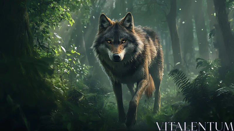 Lone forest wolf prowls through mistlit emerald silence.