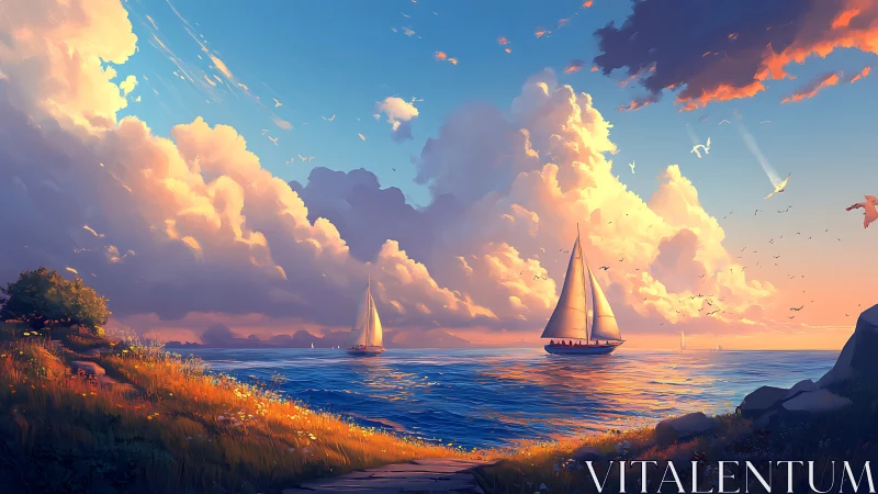 Sunlit sailboats under towering pastel evening clouds.