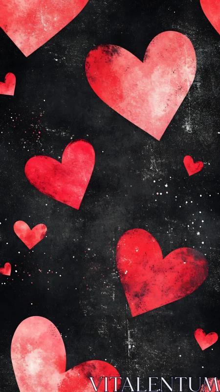 Red Hearts Scattered on Black Textured Background.