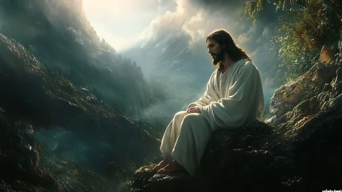 Contemplative robed figure in atmospheric mountain valley light.