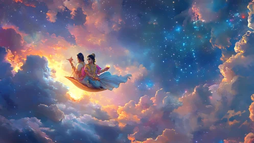 Divine lovers glide through nebula clouds in luminous sky.