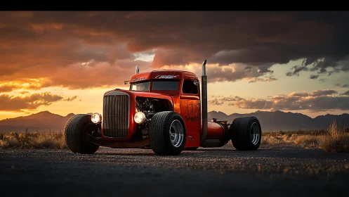 Custom red rat rod truck under dramatic desert sunset sky.