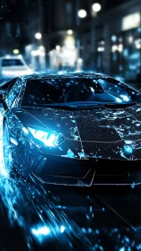 High-speed supercar rendered with neon rain reflections and motion blur